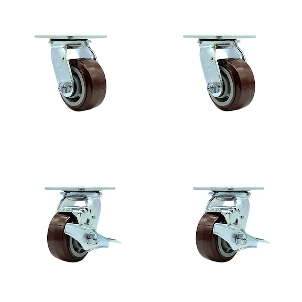 4 Inch Polyurethane Swivel Caster Set with Ball Bearings 2 Brakes